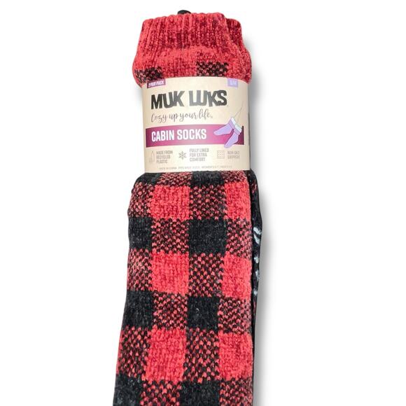 Muk Luks Sz S/M Slipper Socks Faux Fur Lined Warm Cabin 2 Pk Buffalo Check Gift - Picture 2 of 14